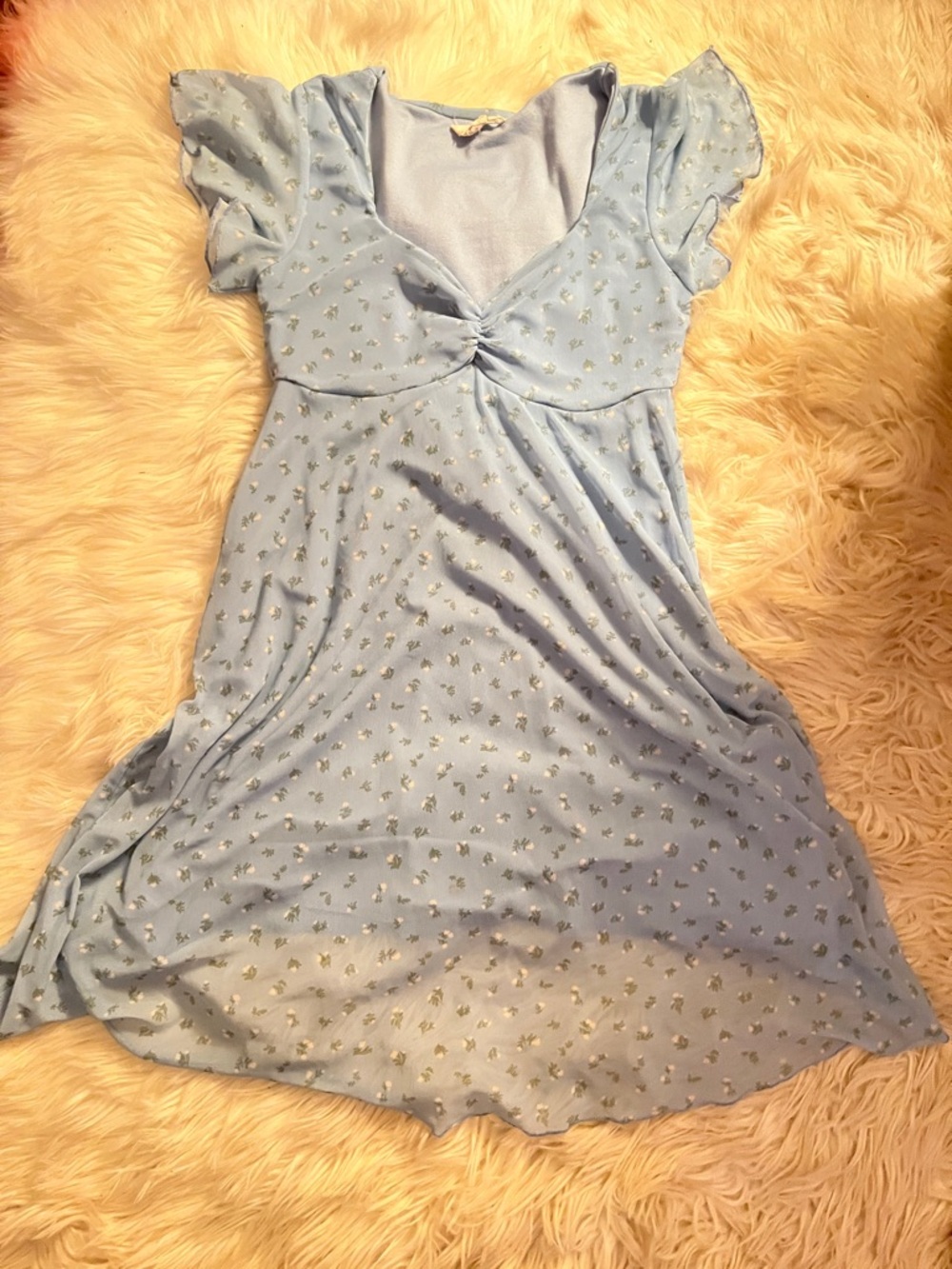 See You Monday Light Blue Flutter-Sleeve Nightdress with Tiny Floral Print